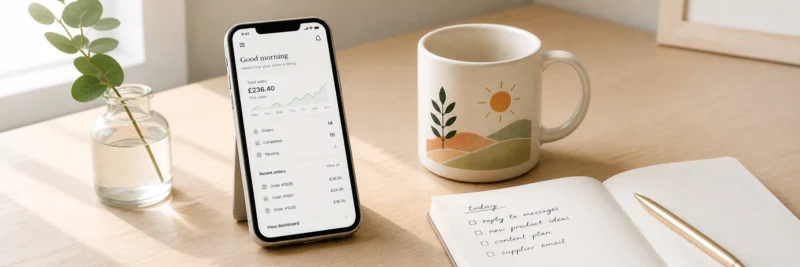 Print on demand income setup showing a sales dashboard on a phone beside a printed mug and notebook on a light wood desk, offering insights on how to make money with print on demand.