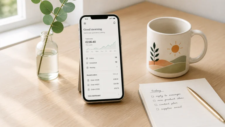 Print on demand income setup showing a sales dashboard on a phone beside a printed mug and notebook on a light wood desk