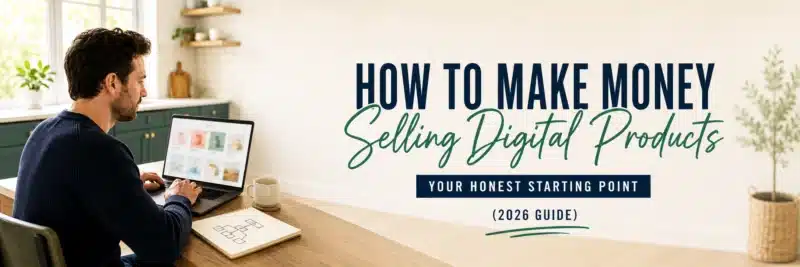 A man in his thirties reviewing a decision framework at a kitchen table, showing how to make money selling digital products in 2026