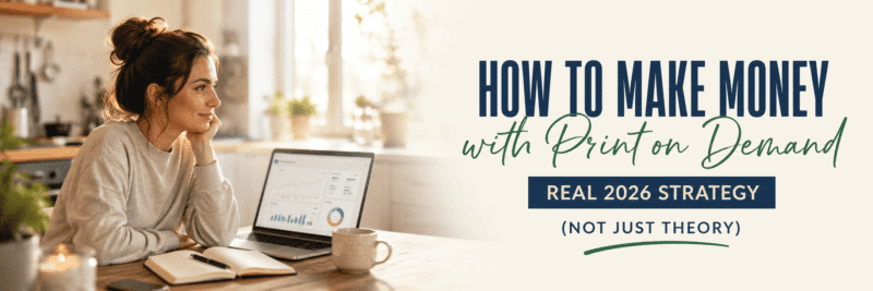Woman reviewing her print on demand income at a kitchen table