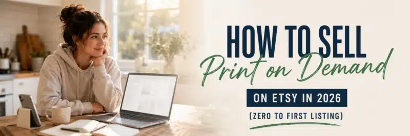 Woman setting up a print on demand shop on Etsy at her kitchen table