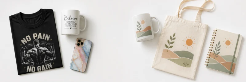 Comparison of a niche-focused print on demand shop versus an unfocused one showing coordinated versus mismatched products