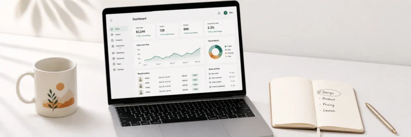 Print on demand beginner setup showing a platform decision made with a laptop dashboard, printed mug and ticked notebook on a clean surface
