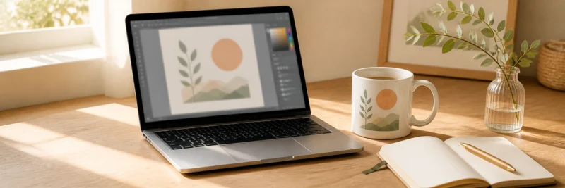 Print on demand design creation setup showing a laptop with a design canvas beside a finished printed mug and notebook on a light wood desk