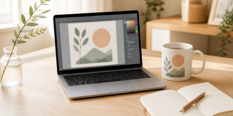 Print on demand design creation setup showing a laptop with a design canvas beside a finished printed mug and notebook on a light wood desk