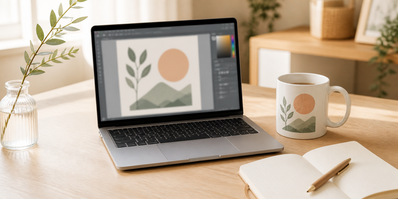 Print on demand design creation setup showing a laptop with a design canvas beside a finished printed mug and notebook on a light wood desk