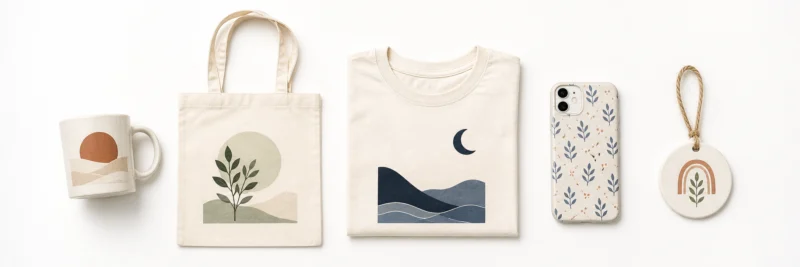 Five types of print on demand designs shown as product flatlay including text-based mug, illustrated tote bag, quote t-shirt, pattern phone case and personalised ornament
