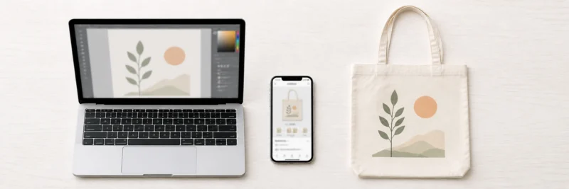 Print on demand design tools showing a laptop with a design canvas, phone with product preview and finished printed product on a clean surface
