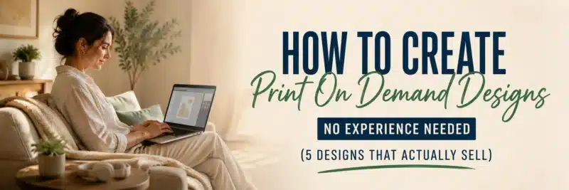 Man creating print on demand designs on a laptop from his sofa