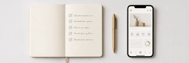 Preparation checklist for setting up a print on demand Etsy shop written in a notebook with a pen
