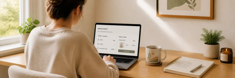 Person working consistently at a home desk during the first 90 days of building a print on demand side hustle