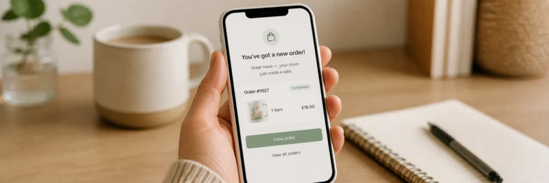Person holding a phone showing their first print on demand sale notification — the proof of concept moment for a POD shop