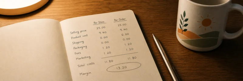 Handwritten print on demand margin calculation in a notebook showing income mechanics for a POD side hustle