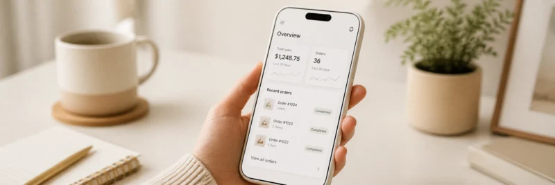 Person holding a phone showing a realistic print on demand sales dashboard with modest early revenue figures and completed orders