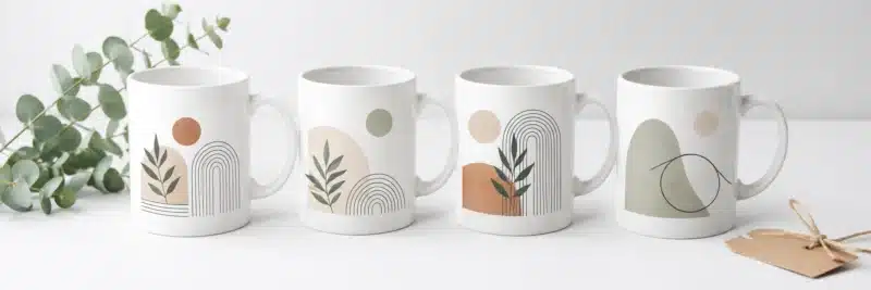 Print on demand mugs with simple illustrated designs arranged as gift-ready products on a clean white surface