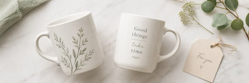 Print on demand mugs with simple illustrated designs arranged as gift-ready products on a clean white surface