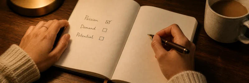 Person working through a framework for the best niches for print on demand in a notebook with a pen and coffee on a warm desk.