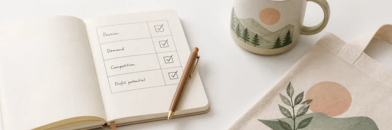 Handwritten print on demand niche evaluation checklist in an open notebook with a pen and product in the background