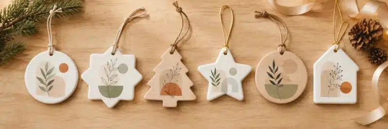 Print on demand ornaments with simple illustrated designs arranged as seasonal gift products on a warm wood surface