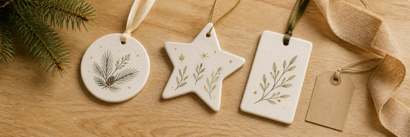 Print on demand ornaments with simple illustrated designs arranged as seasonal gift products on a warm wood surface