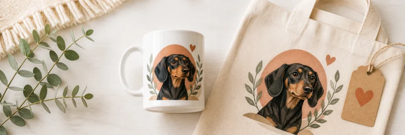Print on demand pet owner niche products showing a dachshund illustrated mug and tote bag arranged as gift items on a warm wood surface