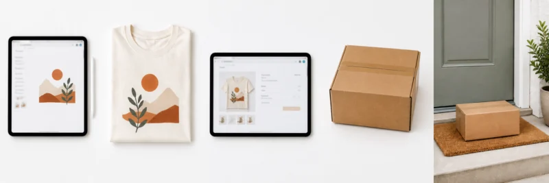 Print on demand process shown as five steps from design canvas to finished product listing to shipping box to customer delivery