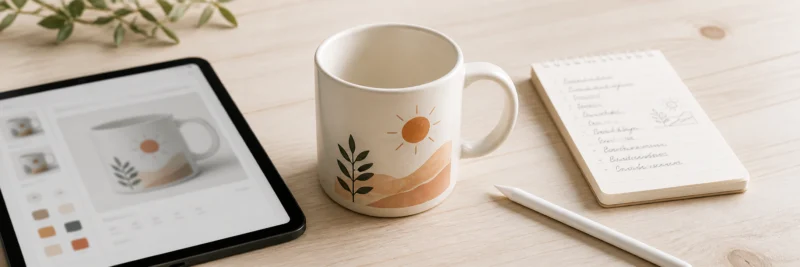 Print on demand product creation showing a printed mug beside a tablet with a design screen and planning notes