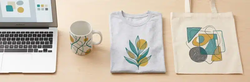 Mug, t-shirt and tote bag with simple designs showing print on demand digital products to sell