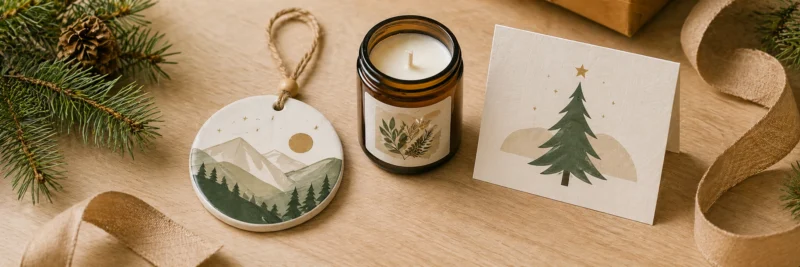 Print on demand seasonal gifting niche products showing a ceramic ornament, candle and gift card arranged as Christmas gift items on a warm wood surface