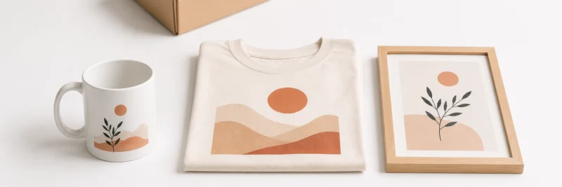 Print on demand supplier platform products showing a mug, folded t-shirt and framed print arranged with a shipping box suggesting automated fulfilment