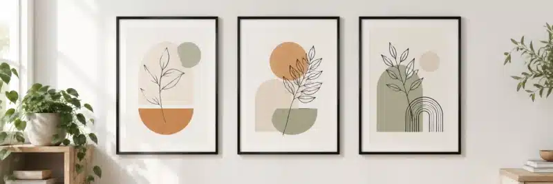 Print on demand wall art prints displayed in a styled home living room setting