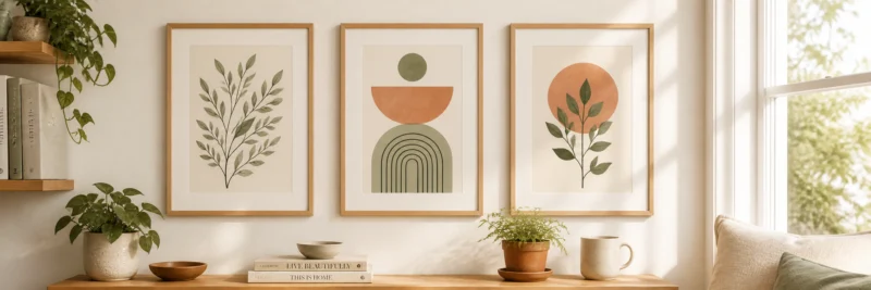 Print on demand wall art showing three coordinating framed prints displayed on a white wall in a bright home setting
