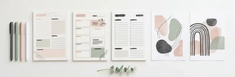 Flat lay of printable planner pages and wall art, a beginner-friendly way on how to make money selling digital products