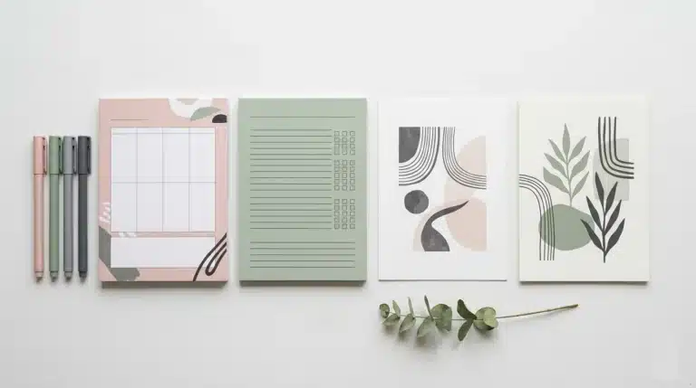 Flat lay of printable planner pages and wall art, a beginner-friendly way to sell digital products