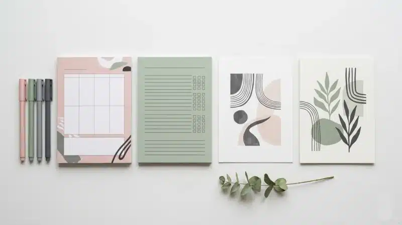 Flat lay of printable planner pages and wall art, a beginner-friendly way to sell digital products