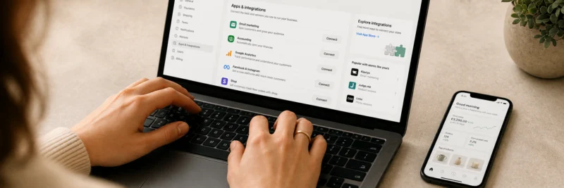 Hands at a laptop connecting Printify to an Etsy shop as part of the print on demand setup process