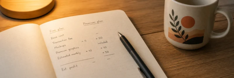 Handwritten Printify pricing comparison in a notebook showing free plan versus premium plan cost calculation on a warm wood desk