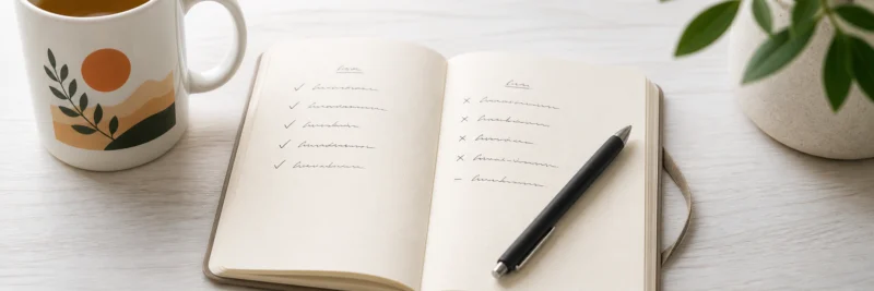 Printify pros and cons review shown as a balanced handwritten two-column list in a notebook representing an honest platform assessment
