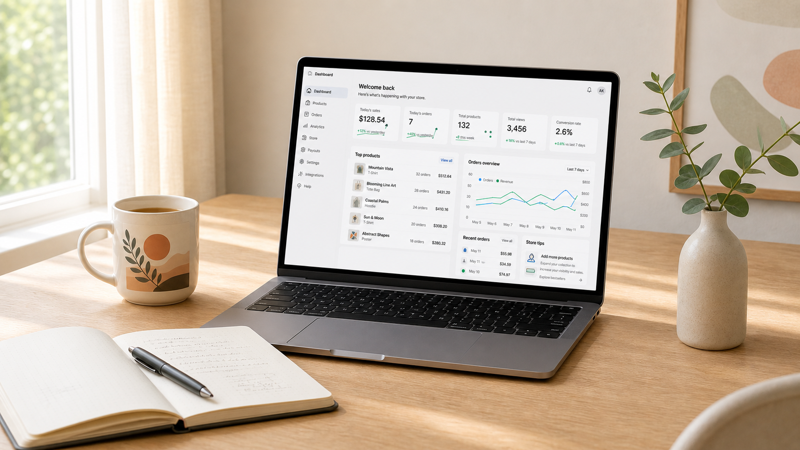 Printify review 2026 setup showing a POD platform dashboard on a laptop beside a printed mug and notebook on a light wood desk