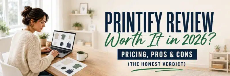 A woman in her thirties reviewing product mockups at a desk with a printed t-shirt sample, illustrating this Printify review for 2026