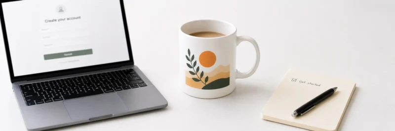 Printify review verdict showing a decision made with a laptop account creation screen beside a printed mug and ticked notepad on a clean surface