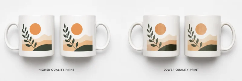Printify supplier network quality comparison showing two printed mugs with different print quality levels illustrating the importance of supplier selection
