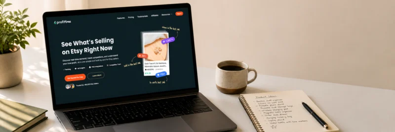 Laptop showing a stylised Etsy product research dashboard on a clean home desk, representing the Profittree tool review