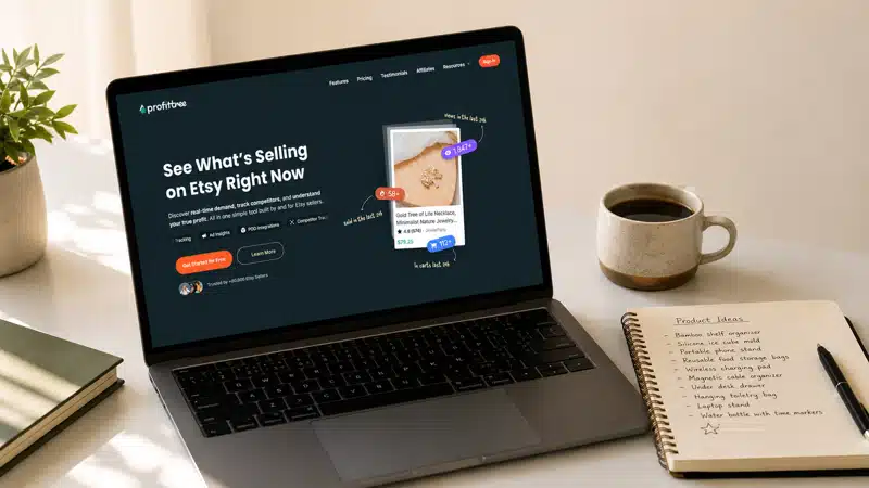 Laptop showing a stylised Etsy product research dashboard on a clean home desk, representing the Profittree tool review
