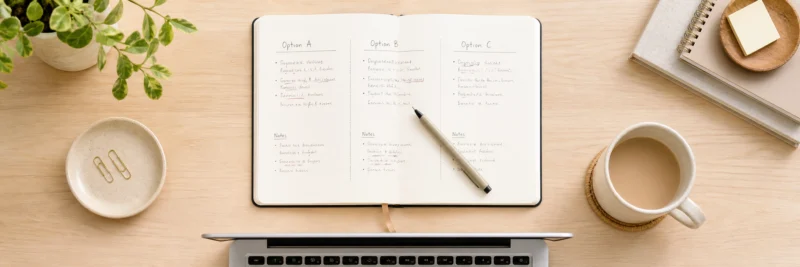 QuickBooks vs FreshBooks vs Wave comparison — notebook with three-column comparison on a clean home desk