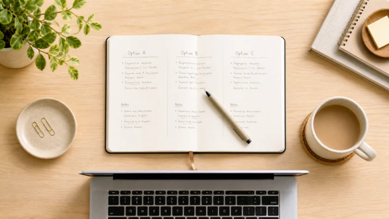 QuickBooks vs FreshBooks vs Wave comparison — notebook with three-column comparison on a clean home desk