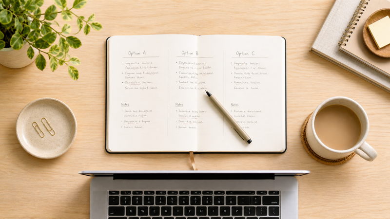 QuickBooks vs FreshBooks vs Wave comparison — notebook with three-column comparison on a clean home desk