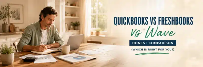 Comparing QuickBooks vs FreshBooks vs Wave at a home desk