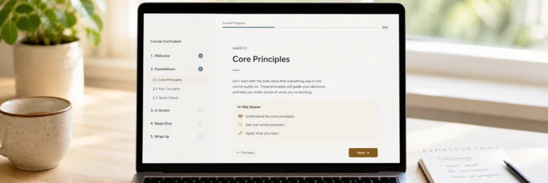 Structured free bookkeeping course online — laptop showing a clean course interface