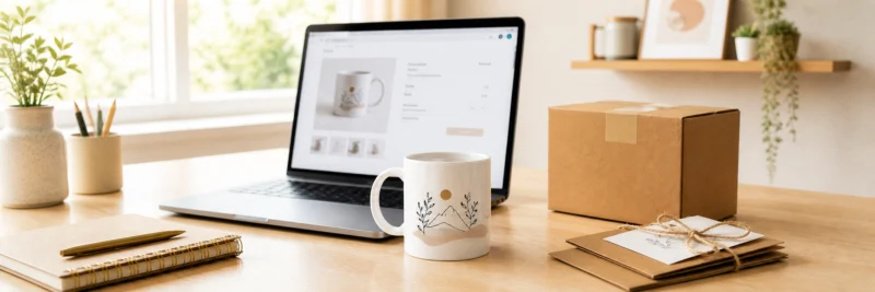 What is print on demand concept showing a printed mug beside a laptop with a shop listing and a shipping box on a light wood desk